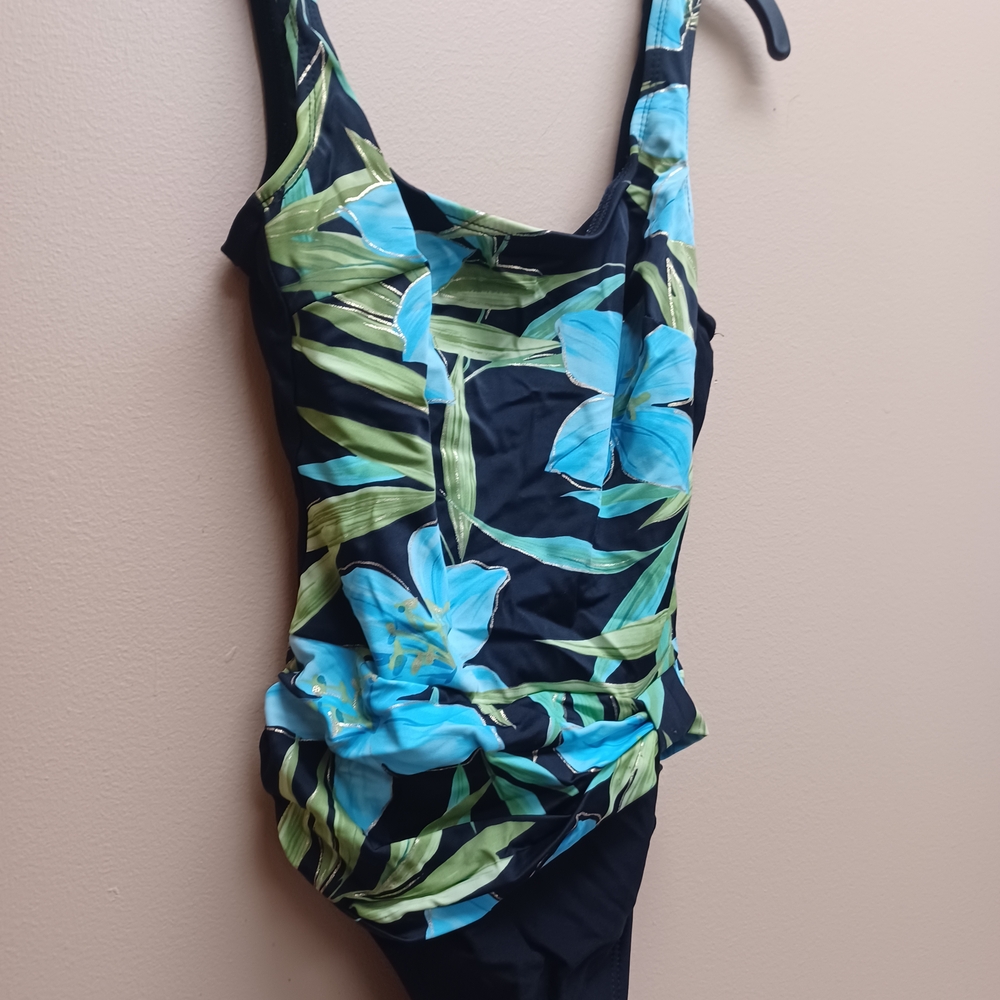 Swimsuit Black and Blue Floral One Piece - 8 - Picture 5 of 9